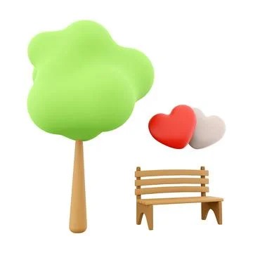 3d rendering icon two loving hearts on a bench near a tree. 3d render Valentine Stock Illustration