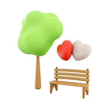 3d rendering icon two loving hearts on a bench near a tree. 3d render Valentine Stock Illustration