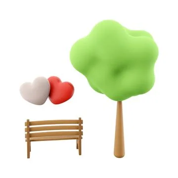 3d rendering icon two loving hearts on a bench near a tree. 3d render Valentine Stock-Illustration