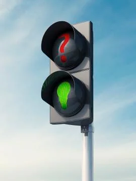 3D Rendering, idea, traffic light, green bulb, question sign Illustrazione stock