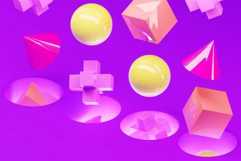 3D rendering, ideal shape, multi-colored volumetric figures falling into port Illustration
