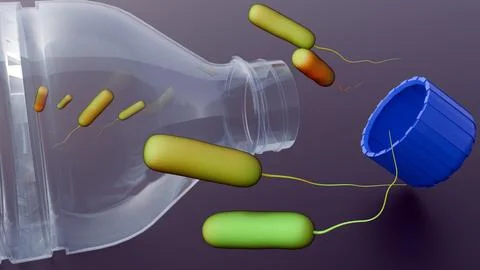 A 3d rendering of Ideonella sakaiensis and a single-use water bottle. Stock Illustration