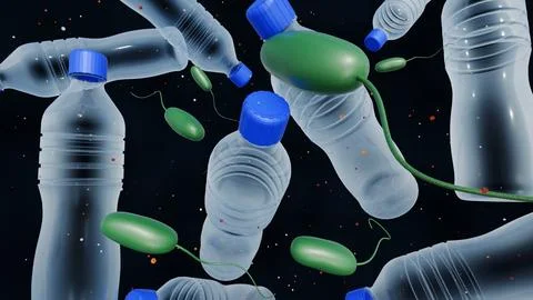 A 3d rendering of Ideonella sakaiensis and a single-use water bottle. Stock Illustration