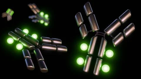 A 3d rendering of illuminated biomarker-tagged antibodies Stock Illustration