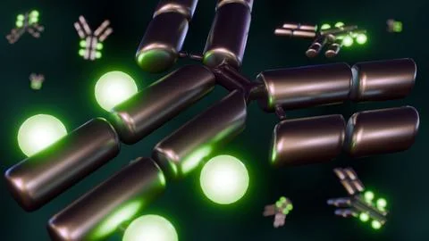 A 3d rendering of illuminated biomarker-tagged antibodies Stock Illustration