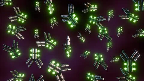 A 3d rendering of illuminated biomarker-tagged antibodies Stock Illustration