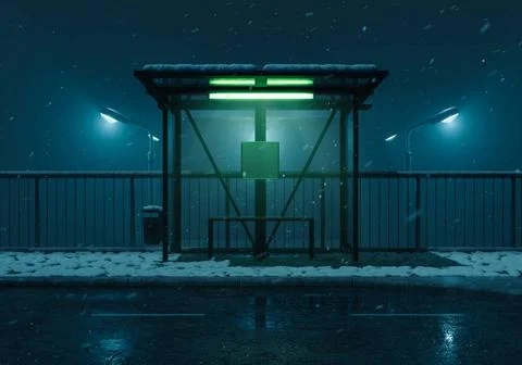 3d rendering of illuminated bus stop on a street at winter night 3d render... Foto stock