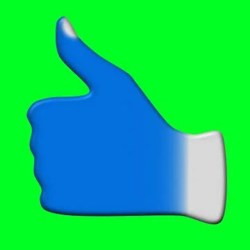 3D rendering of an illustrated blue thumbs up  icon on a bright green backg.. Stock Illustration