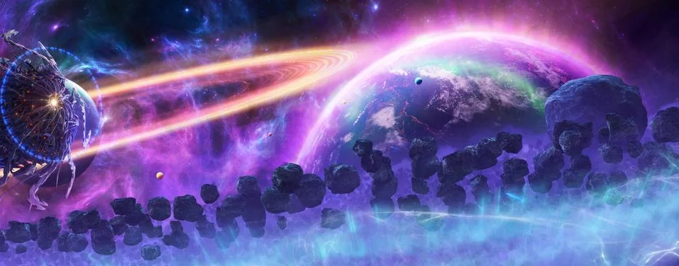 3d rendering illustration of an alien spaceship surrounded by asteroids. Stock Illustration