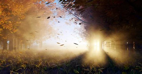 3d rendering. Illustration of autumn forest in sunlight and mist. Stock Illustration
