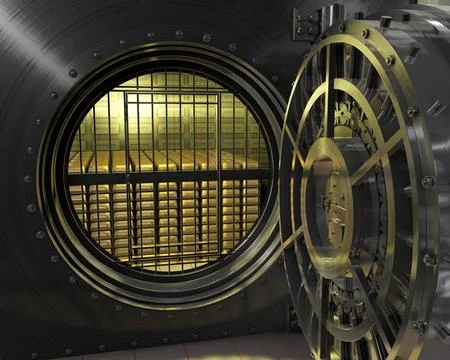 3D rendering illustration of a bank vault door at the gold ingots storage room w Ilustración de archivo