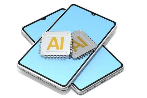 A 3D rendering illustration of a blue screen smart phone with AI chip isolate Stock Photos