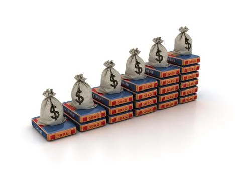 3D rendering illustration of cement stacks and bags with a dollar sign Stock Illustration