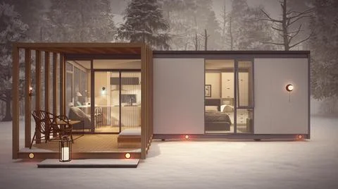 3D rendering illustration of a close elevation of cabin in the night with romant Ilustración de archivo