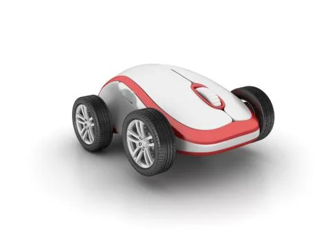 A 3D rendering illustration of a computer mouse on wheels isolated on the whi Illustrazione stock