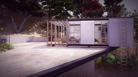 3D rendering illustration of container cabins with wooden terrace Ilustración de archivo