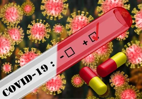 3D rendering illustration of coronavirus disease with covid 19 test and pills Stock Illustration