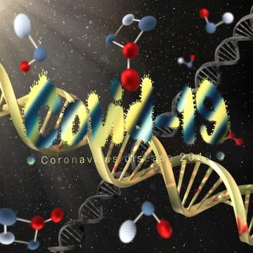 3D rendering illustration of covid 19 virus cells and DNA strands Stock Illustration