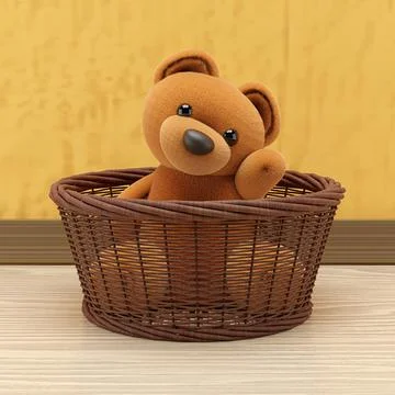 3D rendering illustration of a cute brown toy bear sitting in a wicker basket Stock Illustration