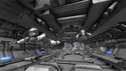 3D rendering illustration of dark spaceship interior. Astronauts moving throu Stock Illustration