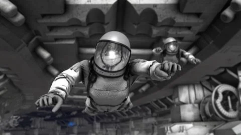 3D rendering illustration of dark spaceship interior. Astronauts moving throu Stock Illustration