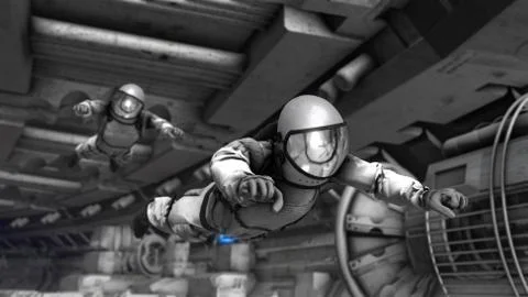 3D rendering illustration of dark spaceship interior. Astronauts moving throu Stock Illustration