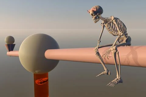 A 3D rendering illustration of a devil skeleton sitting on a surreal bar with Stock Illustration