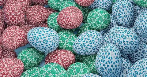 3d rendering. Illustration of easter eggs of red, blue and green color. Festi Stock Illustration