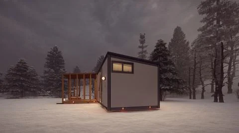 3D rendering illustration of an elevation cabin with snow and fog in winter 스톡 일러스트