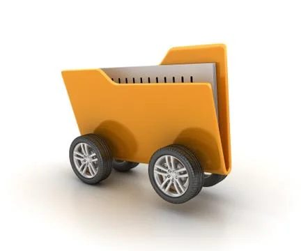 A 3D rendering illustration of a folder on car wheels isolated on a white bac Illustrazione stock