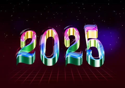 3d Rendering illustration of a glowing retro 2025 design Stock Illustration