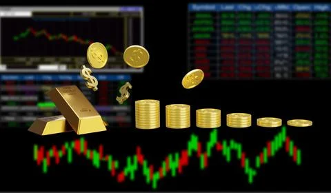 3d rendering illustration of gold bar and coins dollar with blurred Stock Illustration