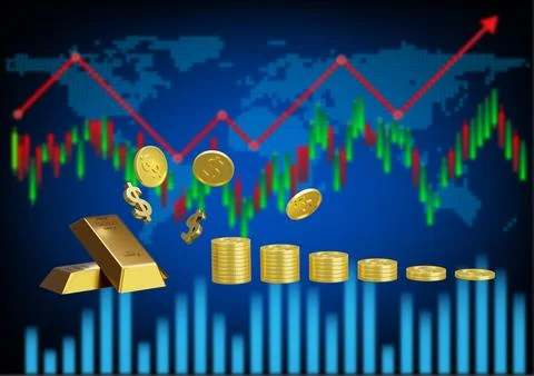 3d rendering illustration of gold bar and coins dollar with blurred Stock Illustration