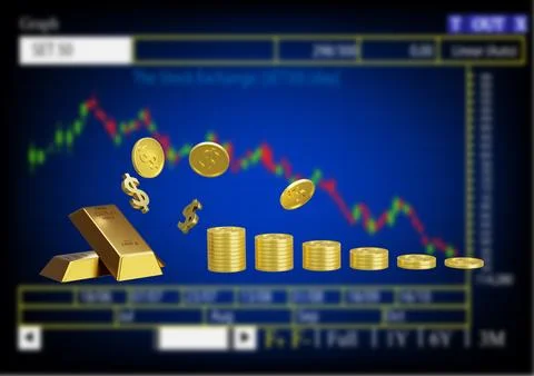 3d rendering illustration of gold bar and coins dollar with blurred Stock Illustration