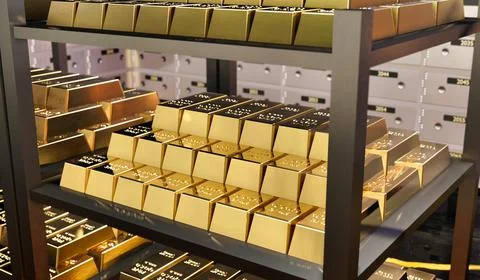 3D rendering illustration of gold ingot, bullion gold, gold bars, bank vault Ilustración de archivo