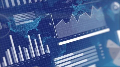 3D rendering illustration of graphs and charts over globe map background. Illustrazione stock
