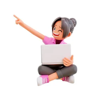 3d rendering illustration of a happy, cute girl sitting crossed legs and using l Stock Illustration