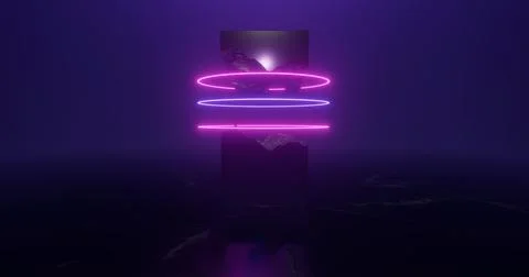 3d rendering illustration. Hoop or circle, Purple and red neon light on the b Stock Illustration