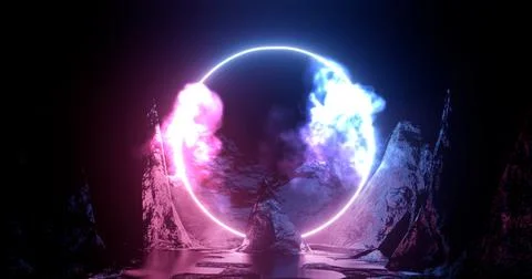 3d rendering illustration. Hoop or circle, Purple and red neon light amid smo Stock Illustration