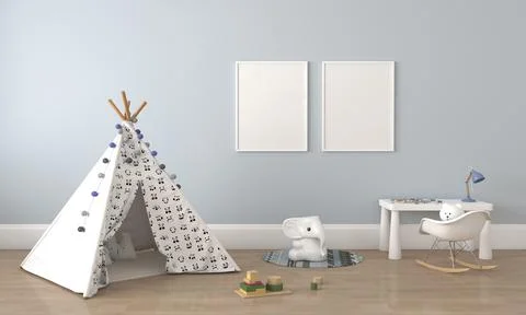 A 3D rendering illustration of the interior of a modern kids bedroom with a t Stock Illustration