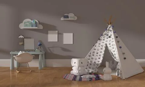 A 3D rendering illustration of the interior of a modern kids bedroom with a t 스톡 일러스트