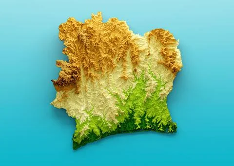 3D rendering illustration of Ivory coast map shaded relief color height map Ilustración de archivo