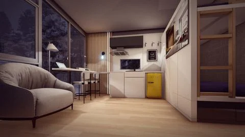 3D rendering illustration of a lounge and kitchen in a small cabin Illustrazione stock