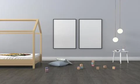 A 3D rendering illustration of a modern minimalist kids bedroom - empty frame Stock Illustration