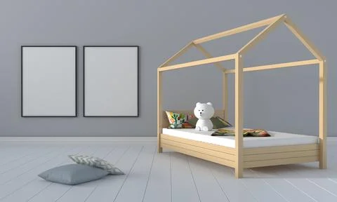 A 3D rendering illustration of a modern minimalist kids bedroom - empty frame Illustrazione stock