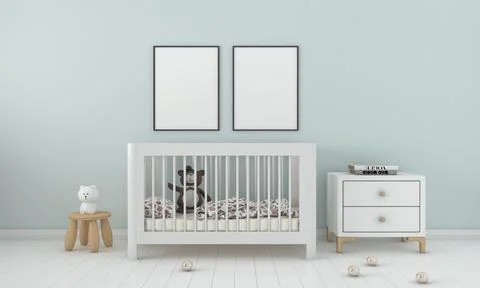 A 3D rendering illustration of a modern minimalist kids bedroom - empty frame Stock-Illustration