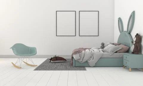 A 3D rendering illustration of a modern minimalist kids bedroom - empty frame Stock-Illustration