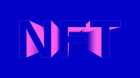 3d rendering illustration of neon pink NFT blockchain icon in the blue backgroun Stock Illustration