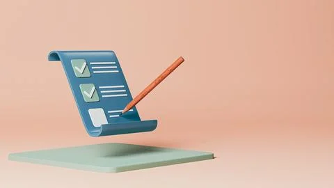 3D rendering illustration of a notepad and a pencil - a clipboard checklist conc Illustrazione stock