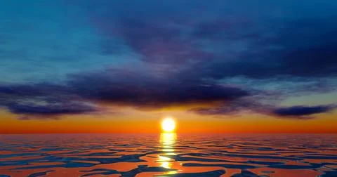 3d rendering. Illustration of an ocean with a cloudy sky at sunset or sunrise Illustrazione stock